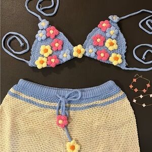 Floral Crochet Bikini Set - Blue and Yellow